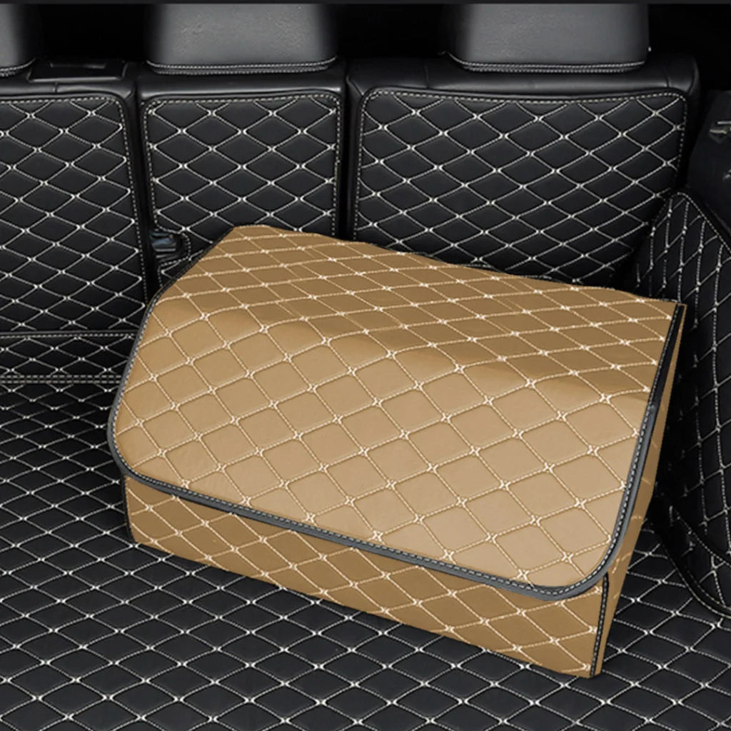 Car Boot Organizer Premium Leather Collapsible Foldable Trunk Cargo Storage Box - Beige/Gold Stitch Large