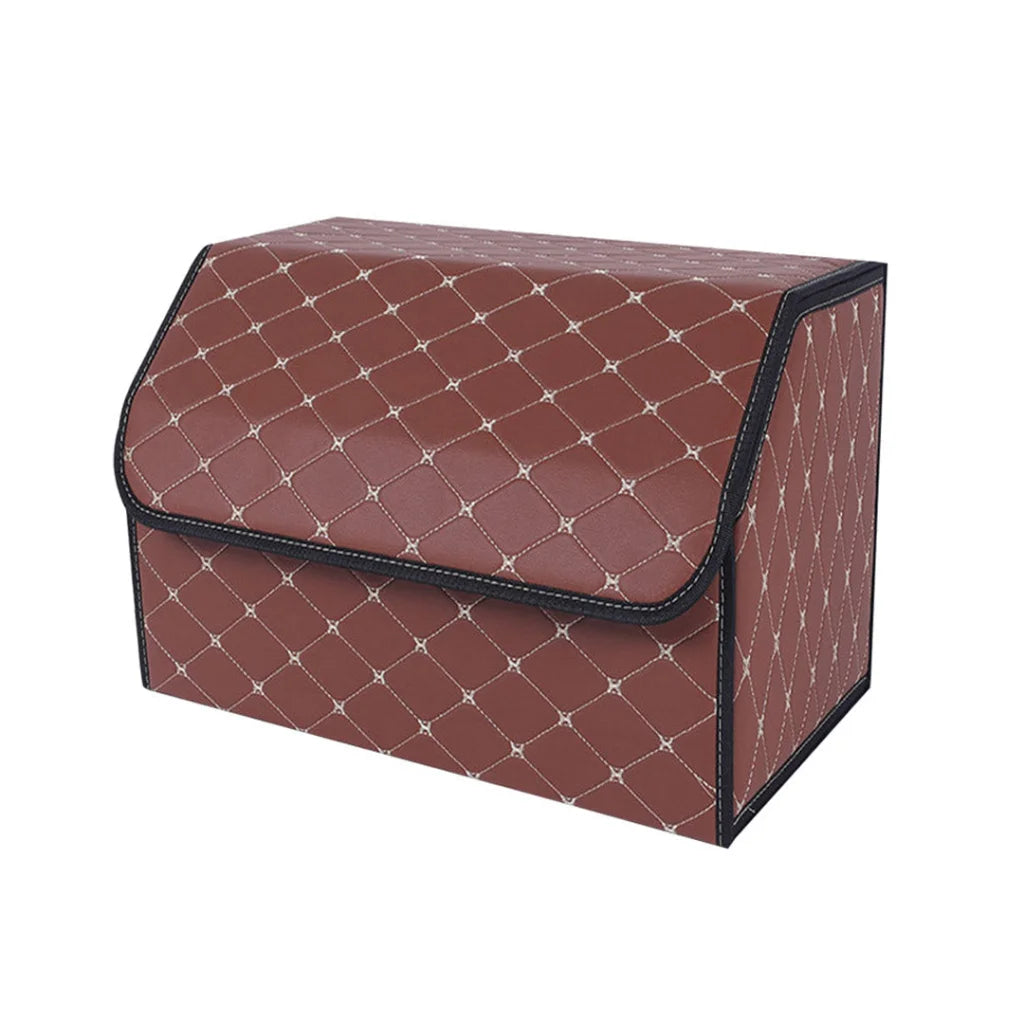 Car Boot Organizer Premium Leather Collapsible Foldable Trunk Cargo Storage Box - Coffee/Gold Stitch Medium