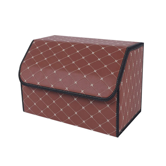 Car Boot Organizer Premium Leather Collapsible Foldable Trunk Cargo Storage Box - Coffee/Gold Stitch Medium