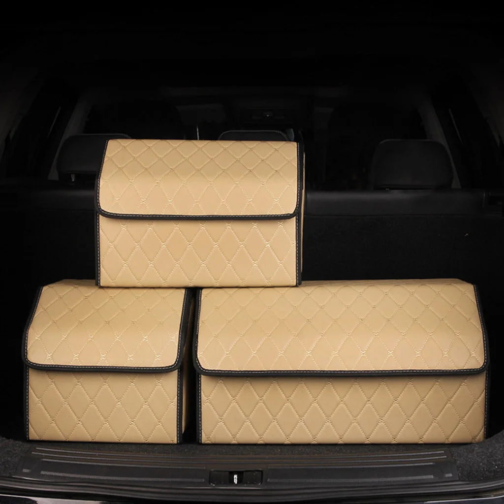 Car Boot Organizer Premium Leather Collapsible Foldable Trunk Cargo Storage Box - Beige/Gold Stitch Small