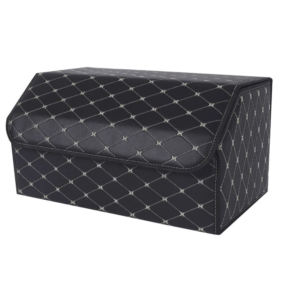 Car Boot Organizer Premium Leather Collapsible Foldable Trunk Cargo Storage Box - Black/Gold Stitch Large