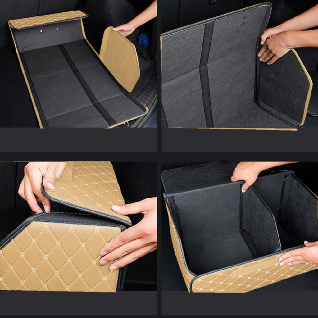 Car Boot Organizer Premium Leather Collapsible Foldable Trunk Cargo Storage Box - Beige/Gold Stitch Medium