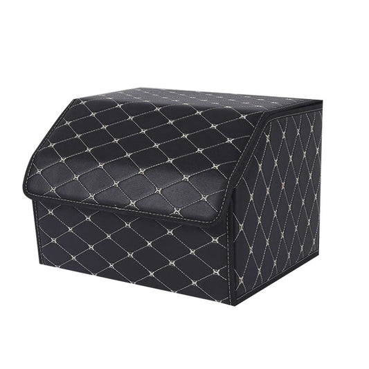 Car Boot Organizer Premium Leather Collapsible Foldable Trunk Cargo Storage Box - Black/Gold Stitch Medium