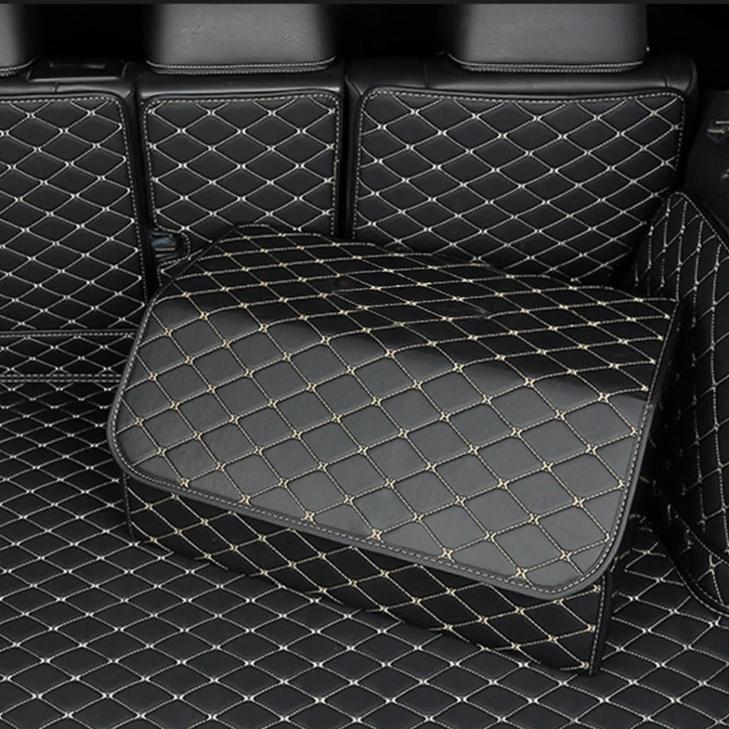 Car Boot Organizer Premium Leather Collapsible Foldable Trunk Cargo Storage Box - Black/Gold Stitch Large