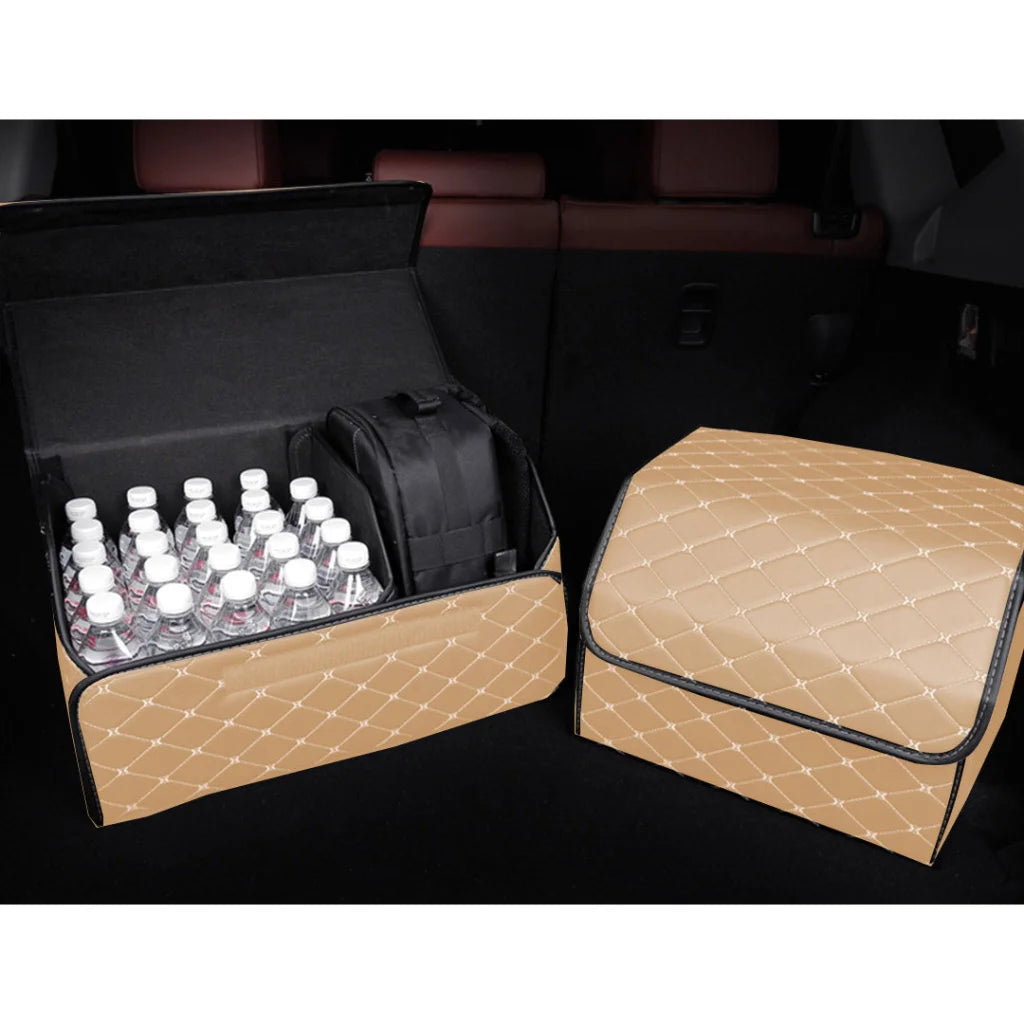 Car Boot Organizer Premium Leather Collapsible Foldable Trunk Cargo Storage Box - Beige/Gold Stitch Large