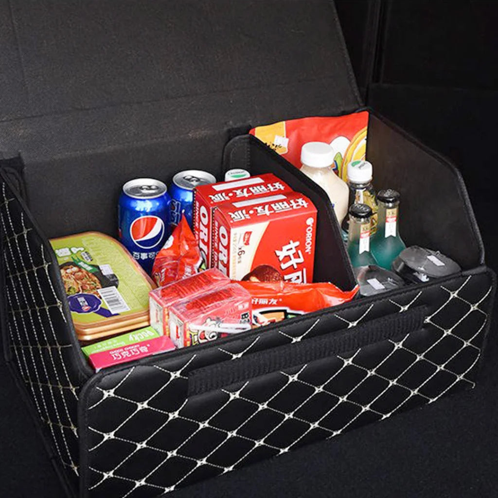 Car Boot Organizer Premium Leather Collapsible Foldable Trunk Cargo Storage Box - Black/Gold Stitch Small