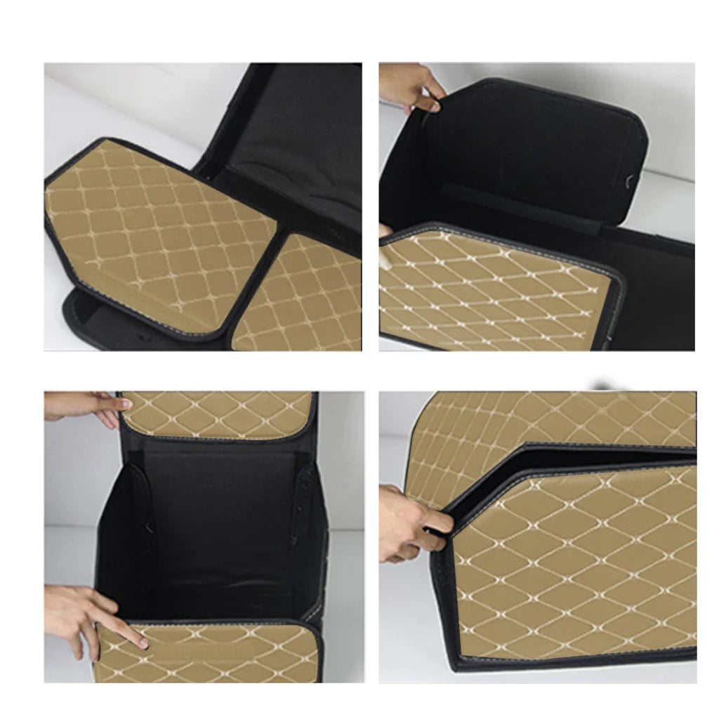 Car Boot Organizer Premium Leather Collapsible Foldable Trunk Cargo Storage Box - Beige/Gold Stitch Small