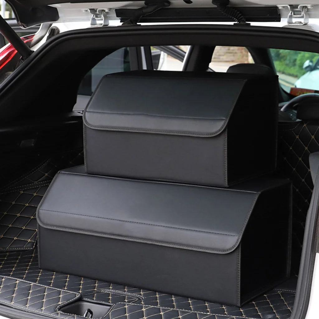 Car Boot Organizer Premium Leather Collapsible Foldable Trunk Cargo Storage Box - Black Medium