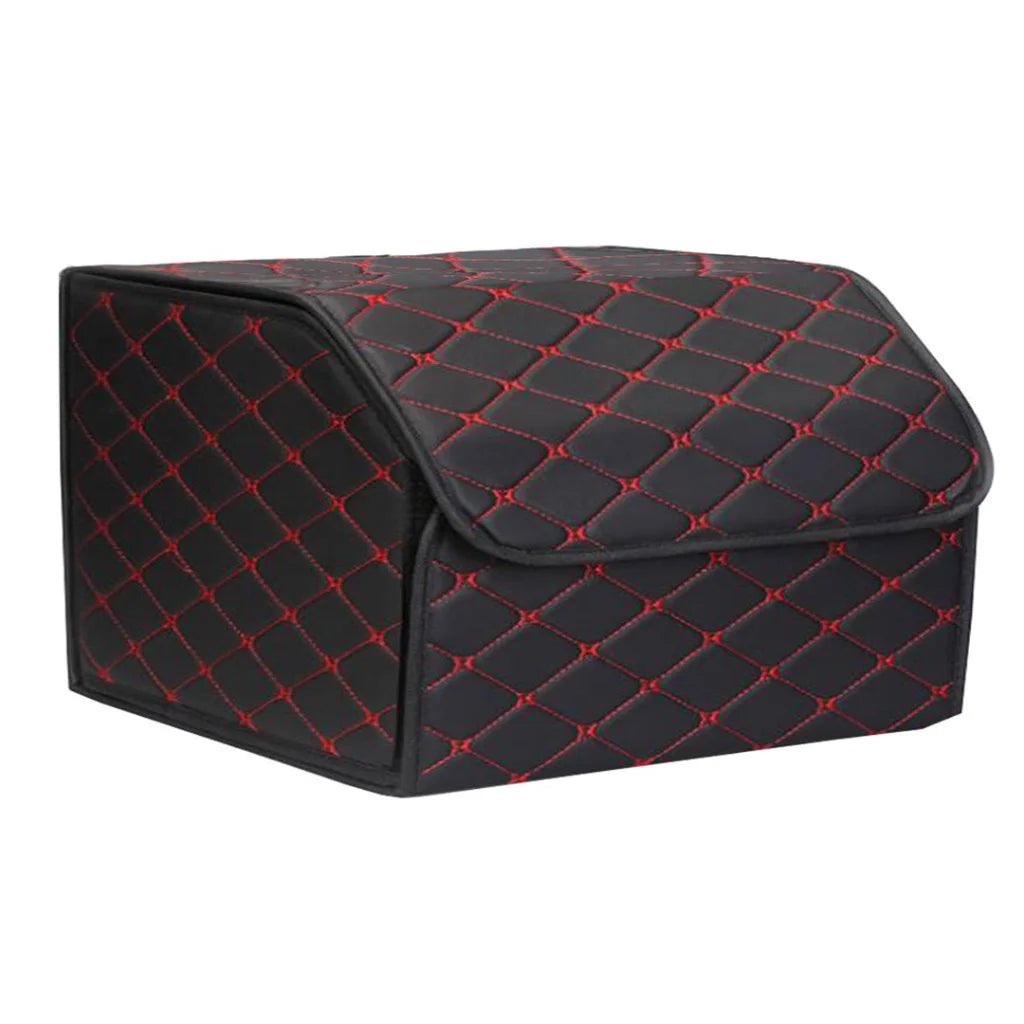 Car Boot Organizer Premium Leather Collapsible Foldable Trunk Cargo Storage Box - Black/Red Stitch Medium