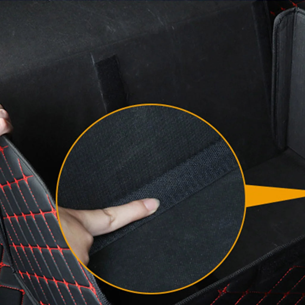 Car Boot Organizer Premium Leather Collapsible Foldable Trunk Cargo Storage Box - Black/Red Stitch Medium