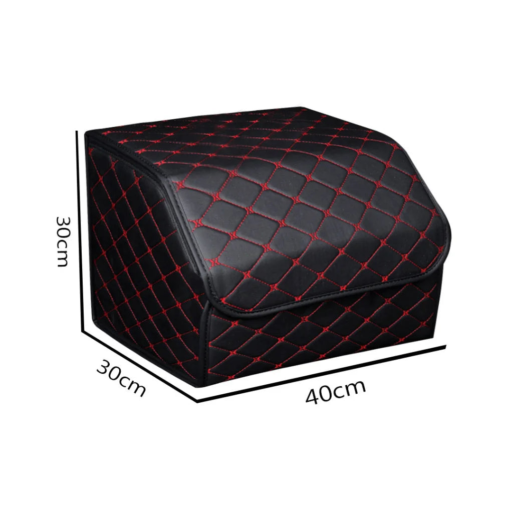 Car Boot Organizer Premium Leather Collapsible Foldable Trunk Cargo Storage Box - Black/Red Stitch Medium