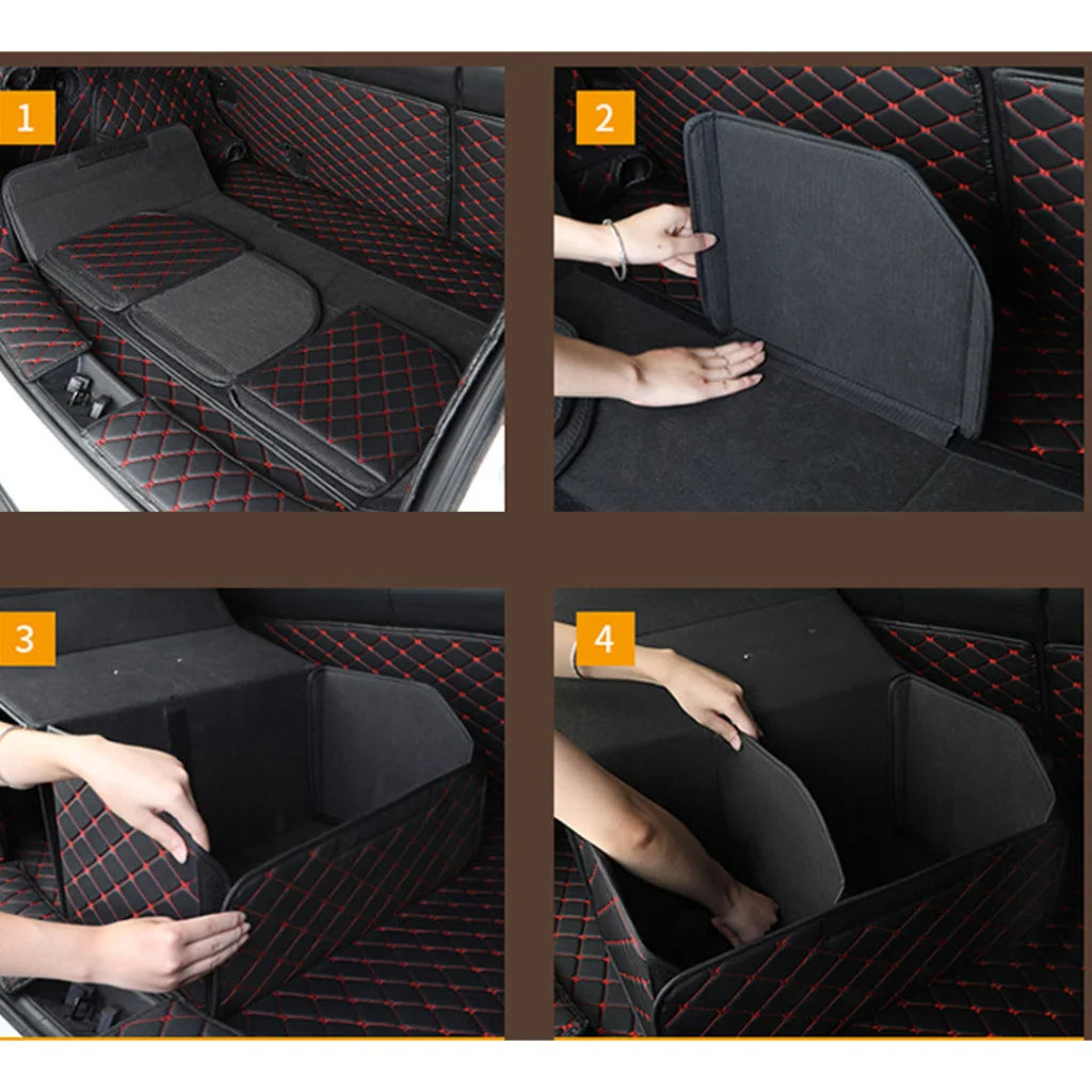 Car Boot Organizer Premium Leather Collapsible Foldable Trunk Cargo Storage Box - Black/Red Stitch Medium