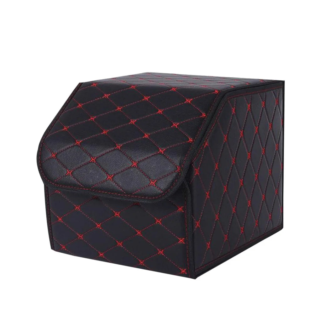 Car Boot Organizer Premium Leather Collapsible Foldable Trunk Cargo Storage Box - Black/Red Stitch Small