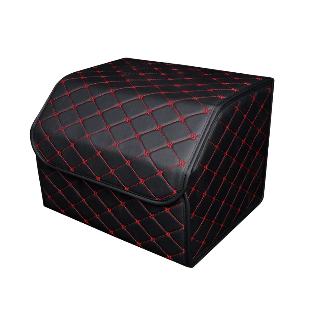 Car Boot Organizer Premium Leather Collapsible Foldable Trunk Cargo Storage Box - Black/Red Stitch Medium