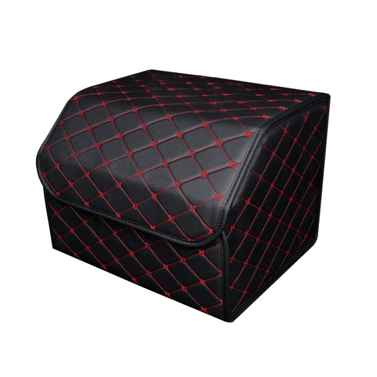 Car Boot Organizer Premium Leather Collapsible Foldable Trunk Cargo Storage Box - Black/Red Stitch Medium