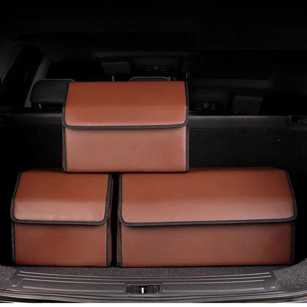 Car Boot Organizer Premium Leather Collapsible Foldable Trunk Cargo Storage Box - Coffee Medium