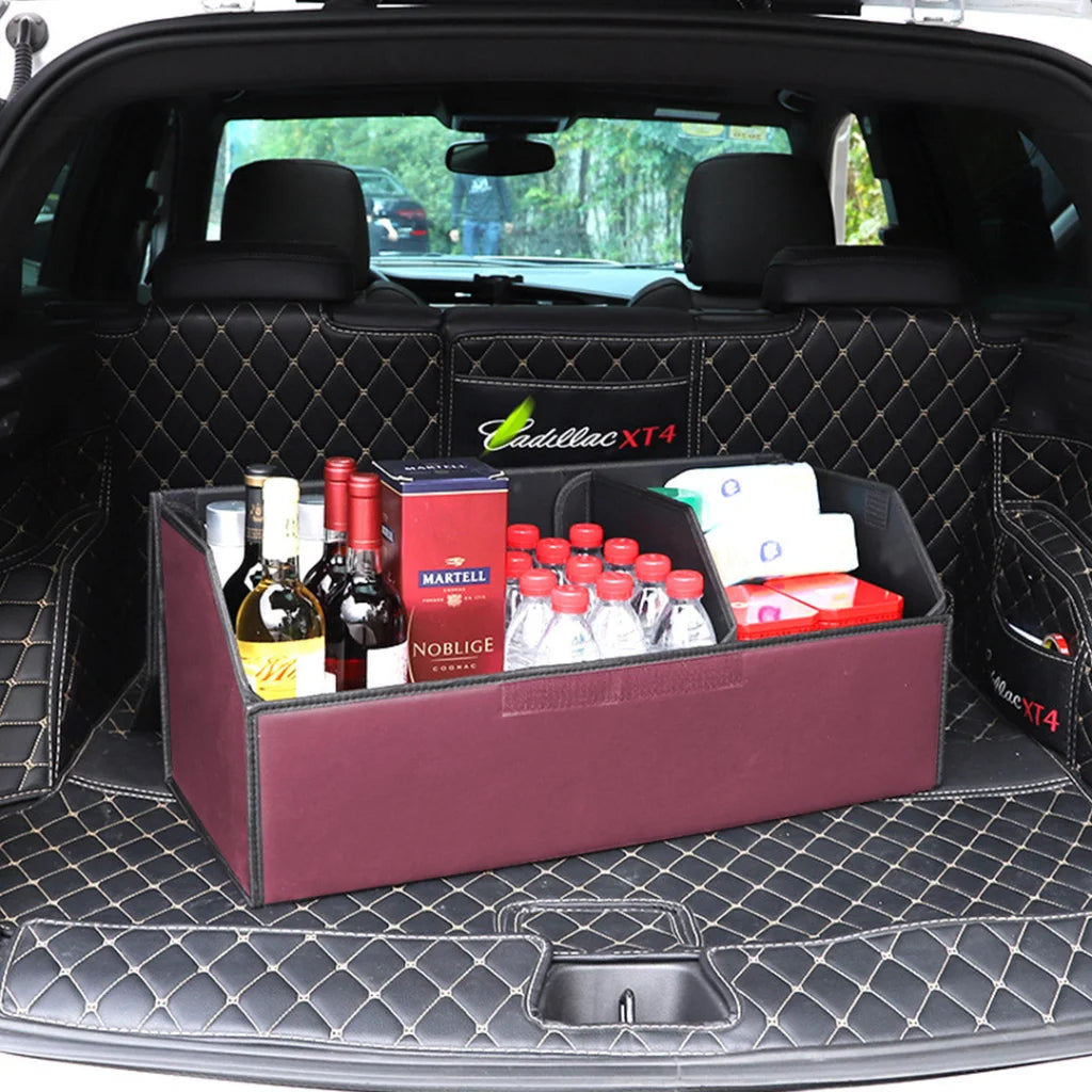 Car Boot Organizer Premium Leather Collapsible Foldable Trunk Cargo Storage Box - Red Large