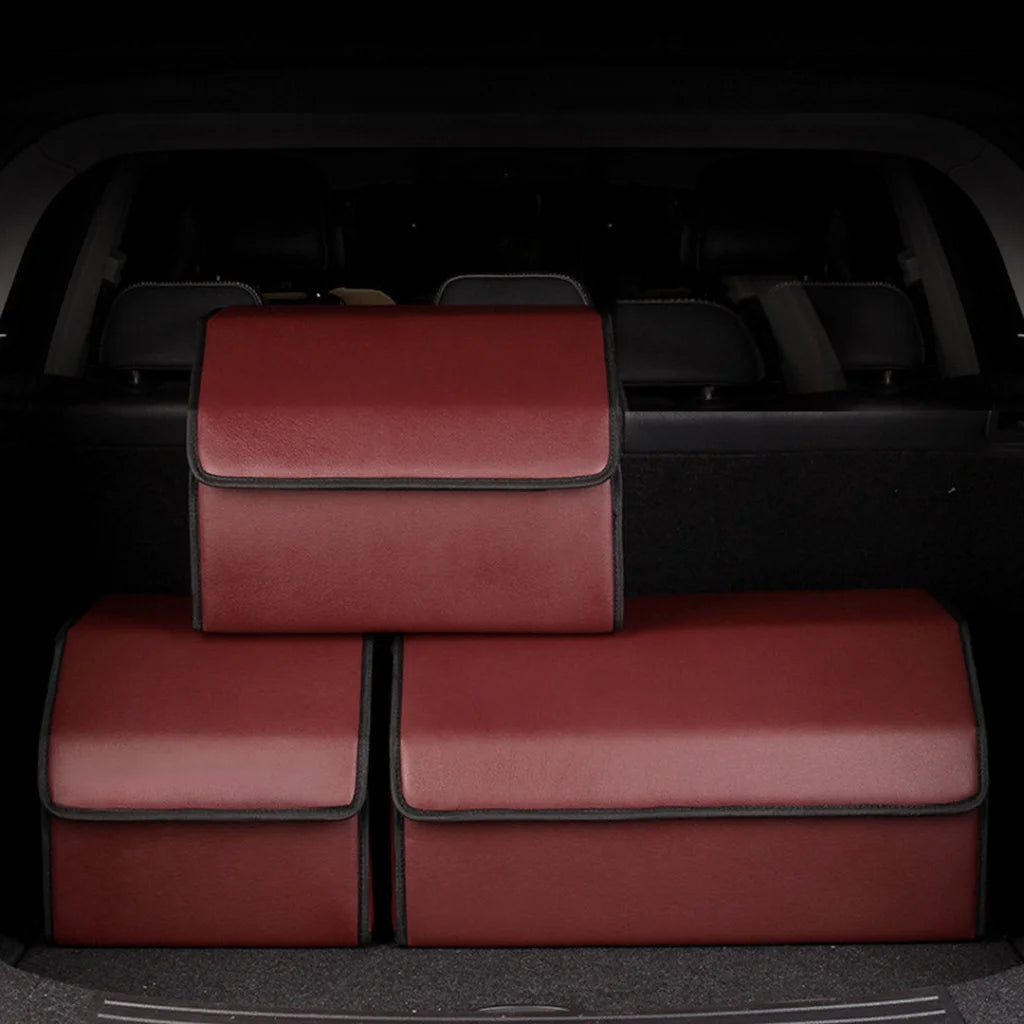 Car Boot Organizer Premium Leather Collapsible Foldable Trunk Cargo Storage Box - Red Small