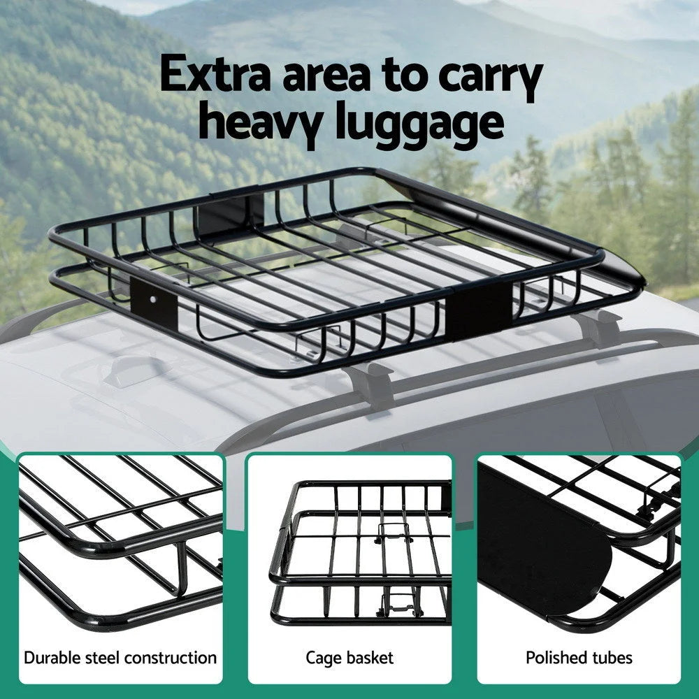 Black steel 111cm car roof racks with aluminium cross bars and clamp fittings