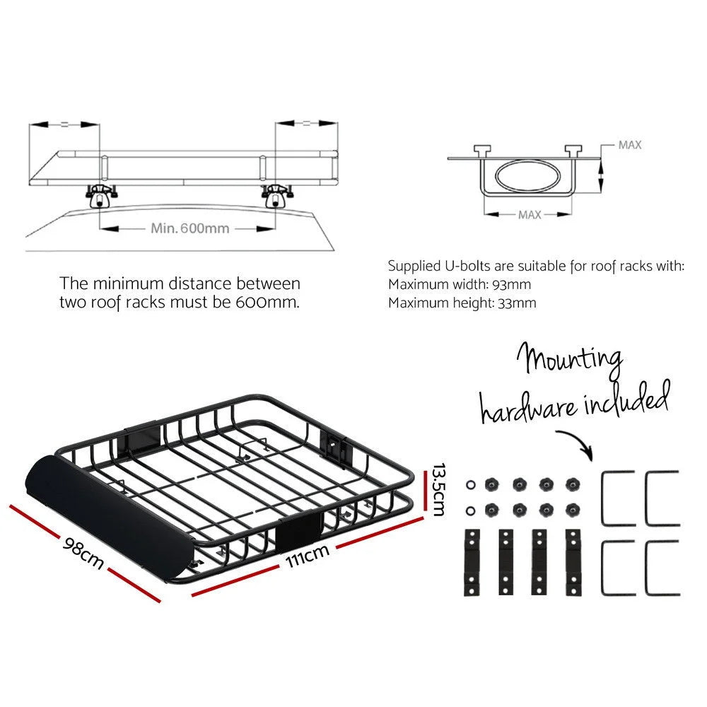 Black steel 111cm car roof racks with black rack bars and silver mounting feet