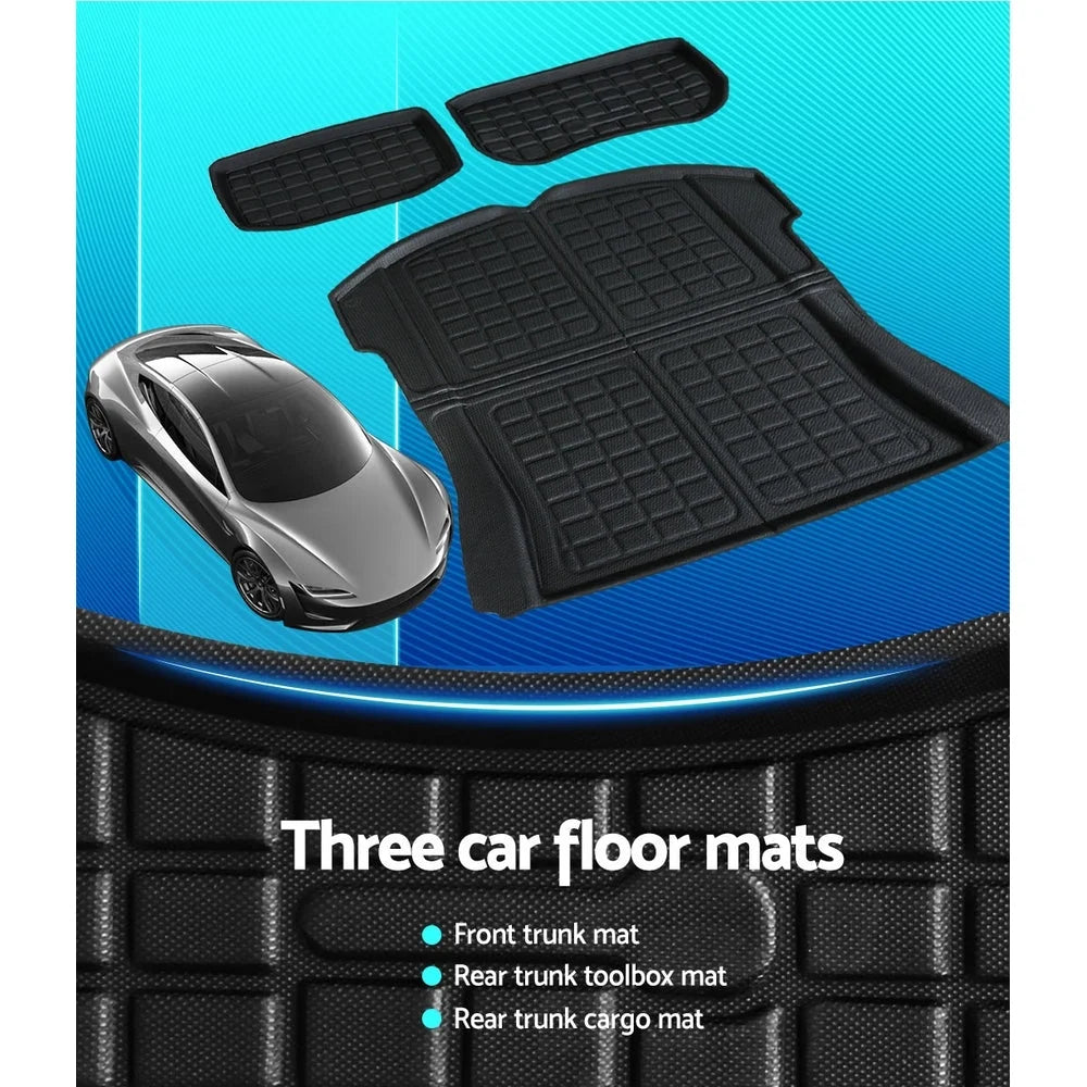 Car Rubber Trunk Mats 3pcs Rear Cargo Toolbox Tesla 3