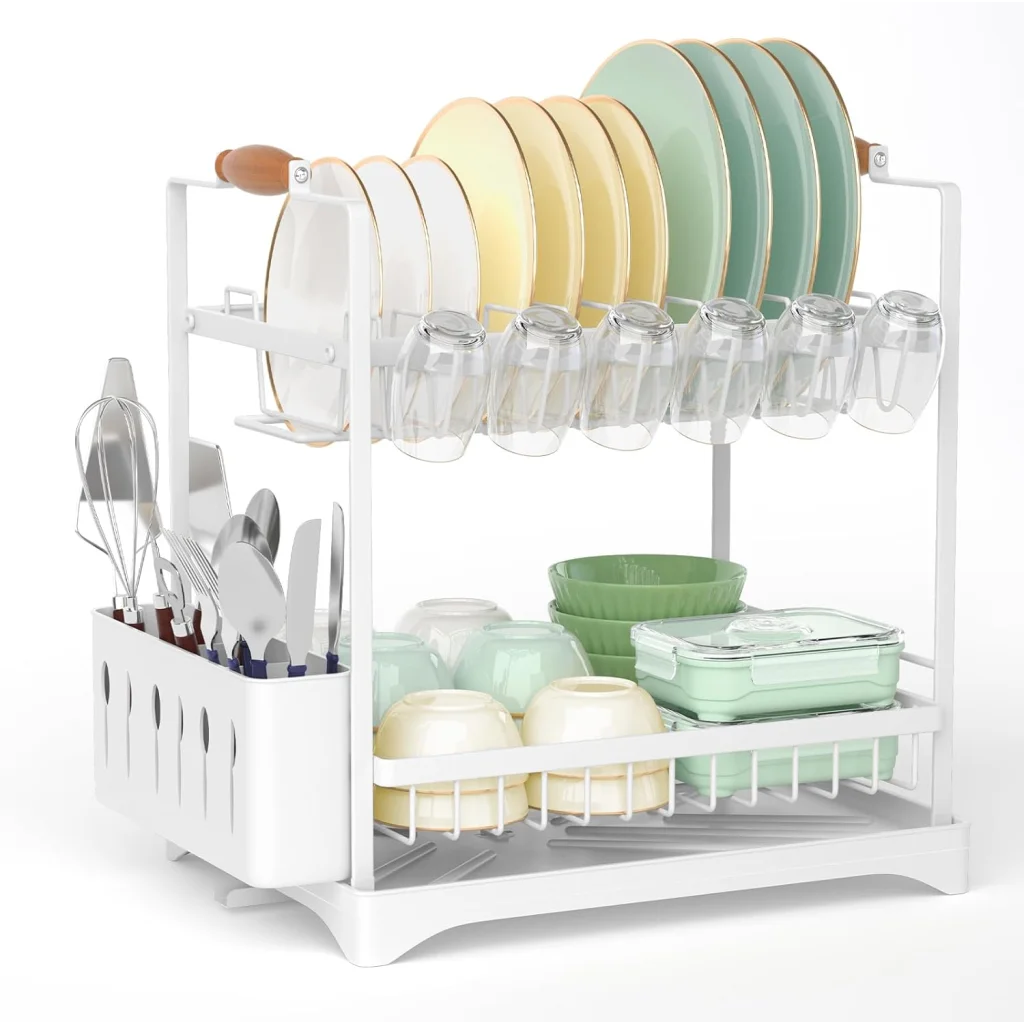 White glass storage rack with tiered shelves and metal supports