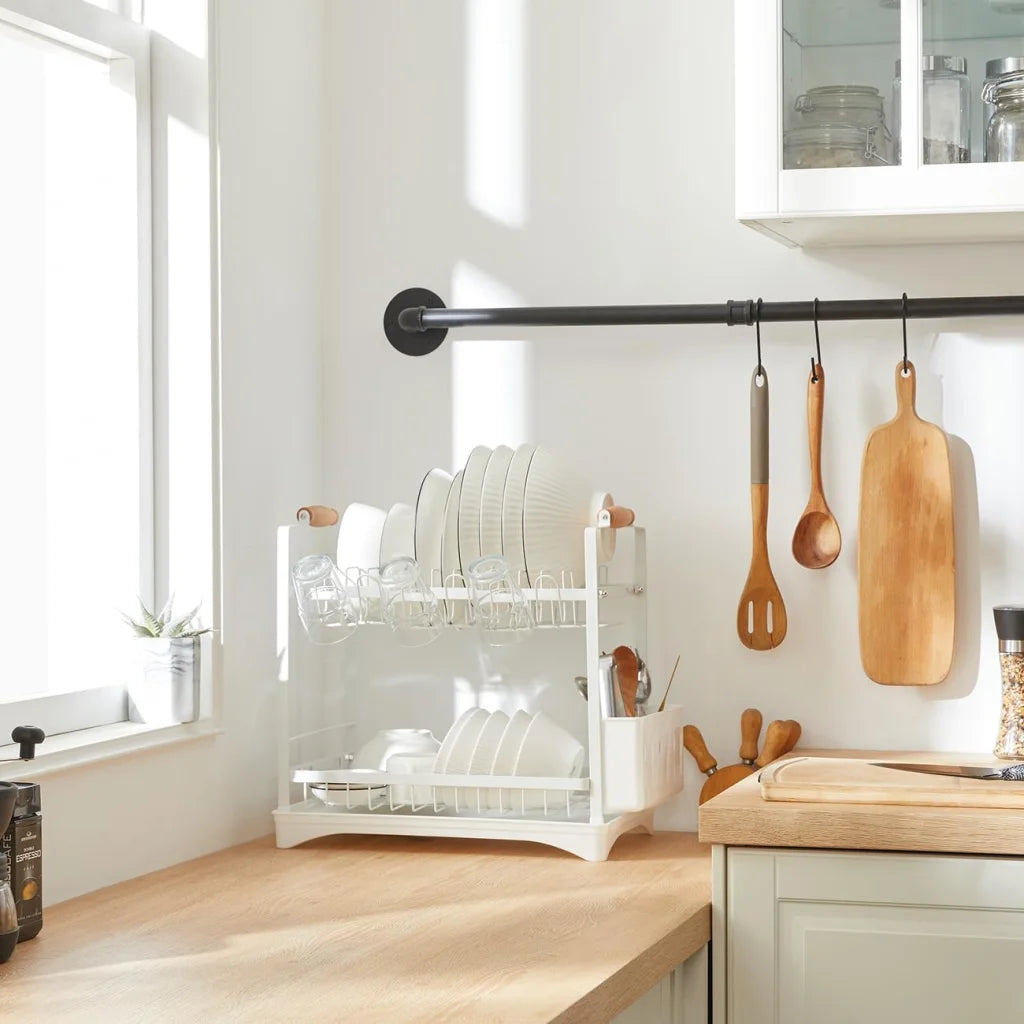 White glass storage rack with upright supports and shelf tiers