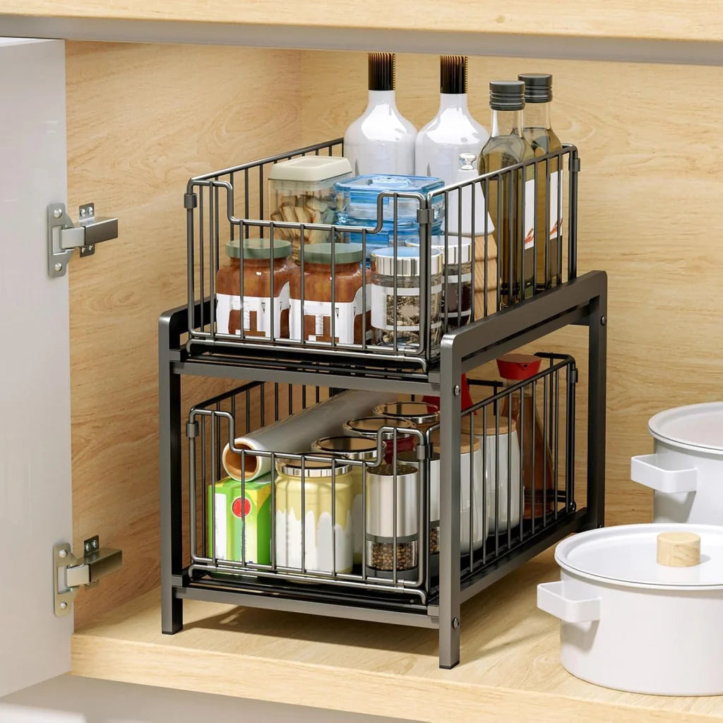 Double Draw Storage Rack CARLA HOME 2 Tier Sliding Cabinet Organizer Drawer Storage Rack for Ki ...