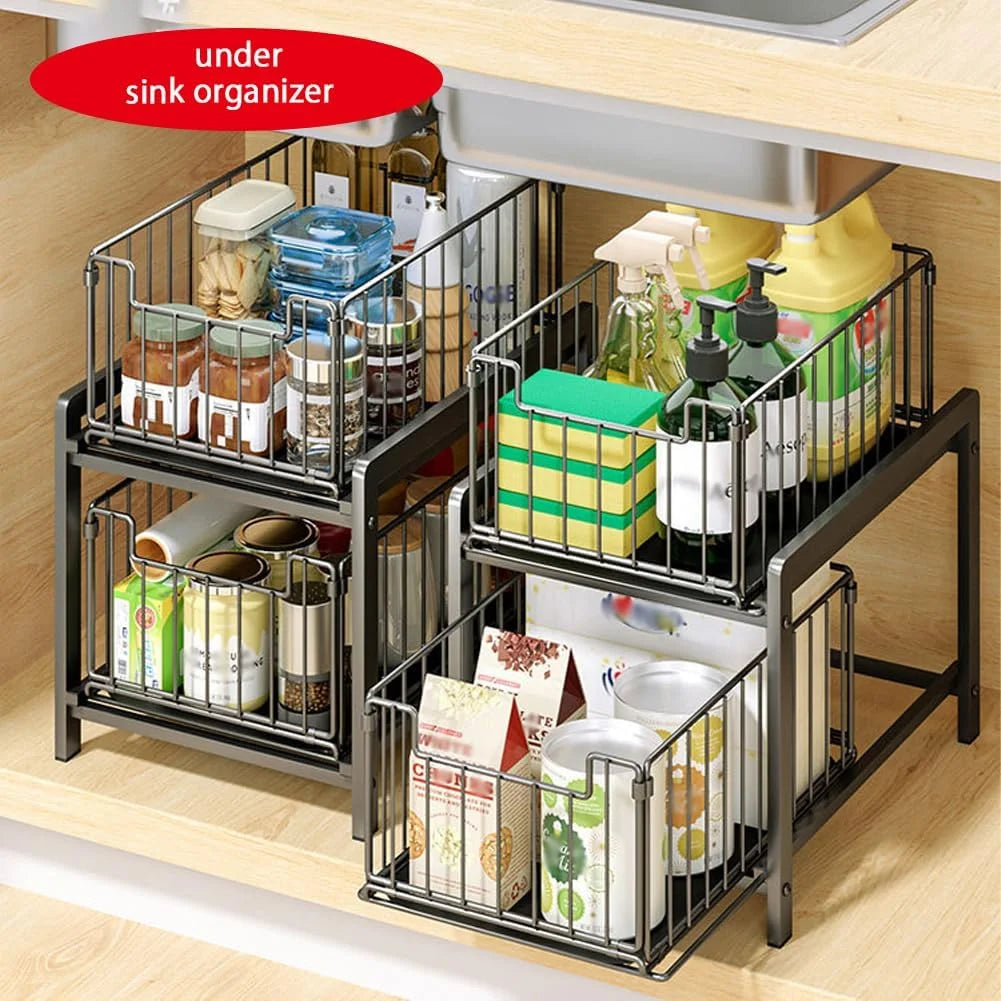 Double Draw Storage Rack CARLA HOME 2 Tier Sliding Cabinet Organizer Drawer Storage Rack for Ki ...