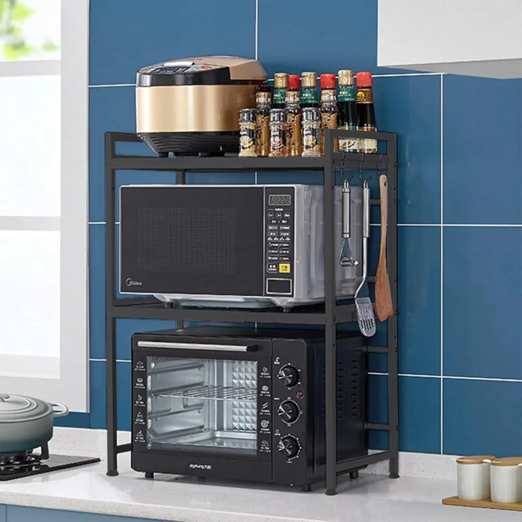 Metal storage rack with tiered shelves and metal supports