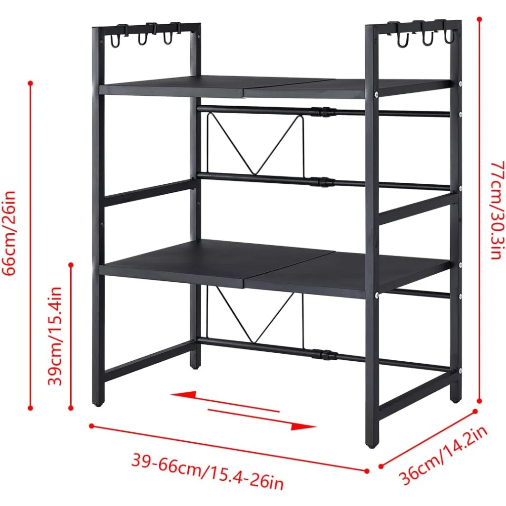 Metal storage rack with display shelves and support legs