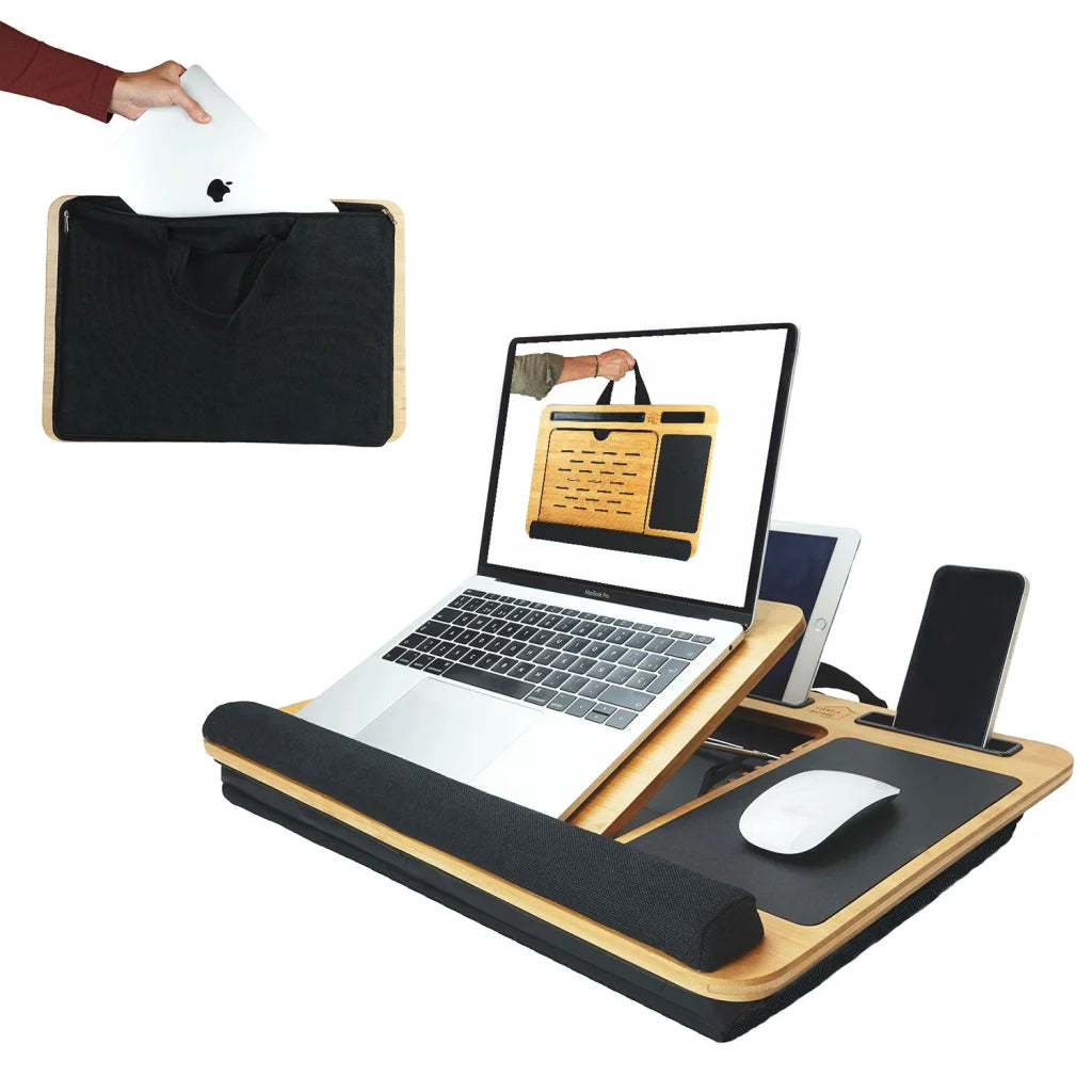 Bamboo laptop lap desk with cushion base and adjustable angle
