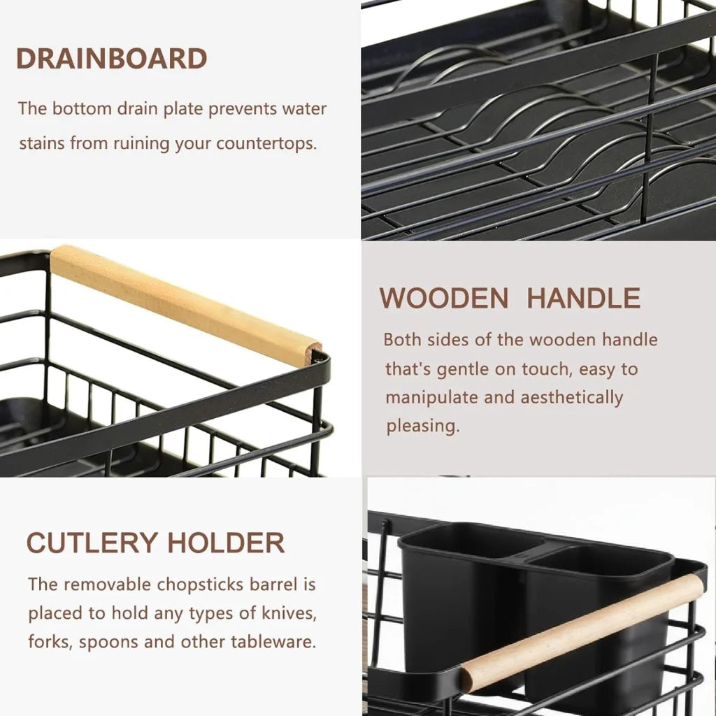 CARLA HOME Dish Drying Rack with Wooden Handles Removable