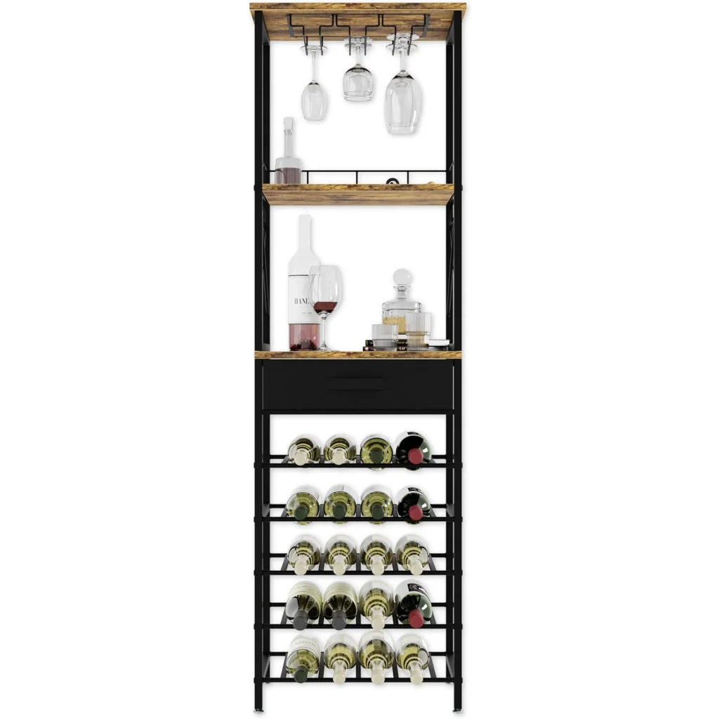 Carla freestanding wine with tiered shelves and metal supports