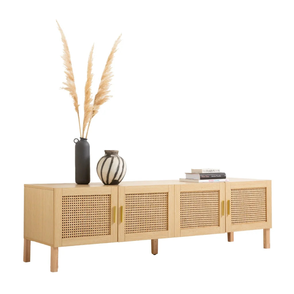Rattan storage cabinet with doors and organised storage compartments