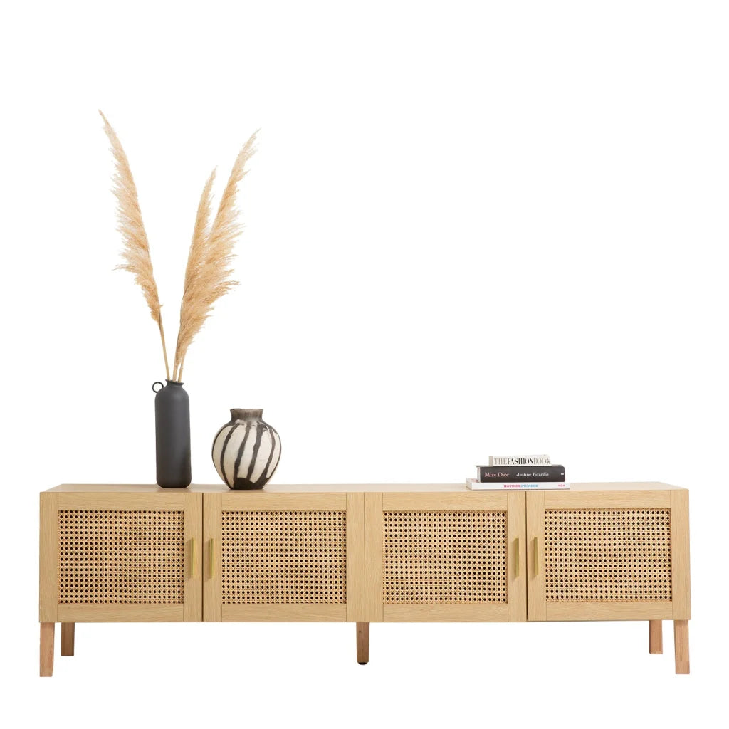 Rattan storage cabinet with shelves and cupboard storage layout