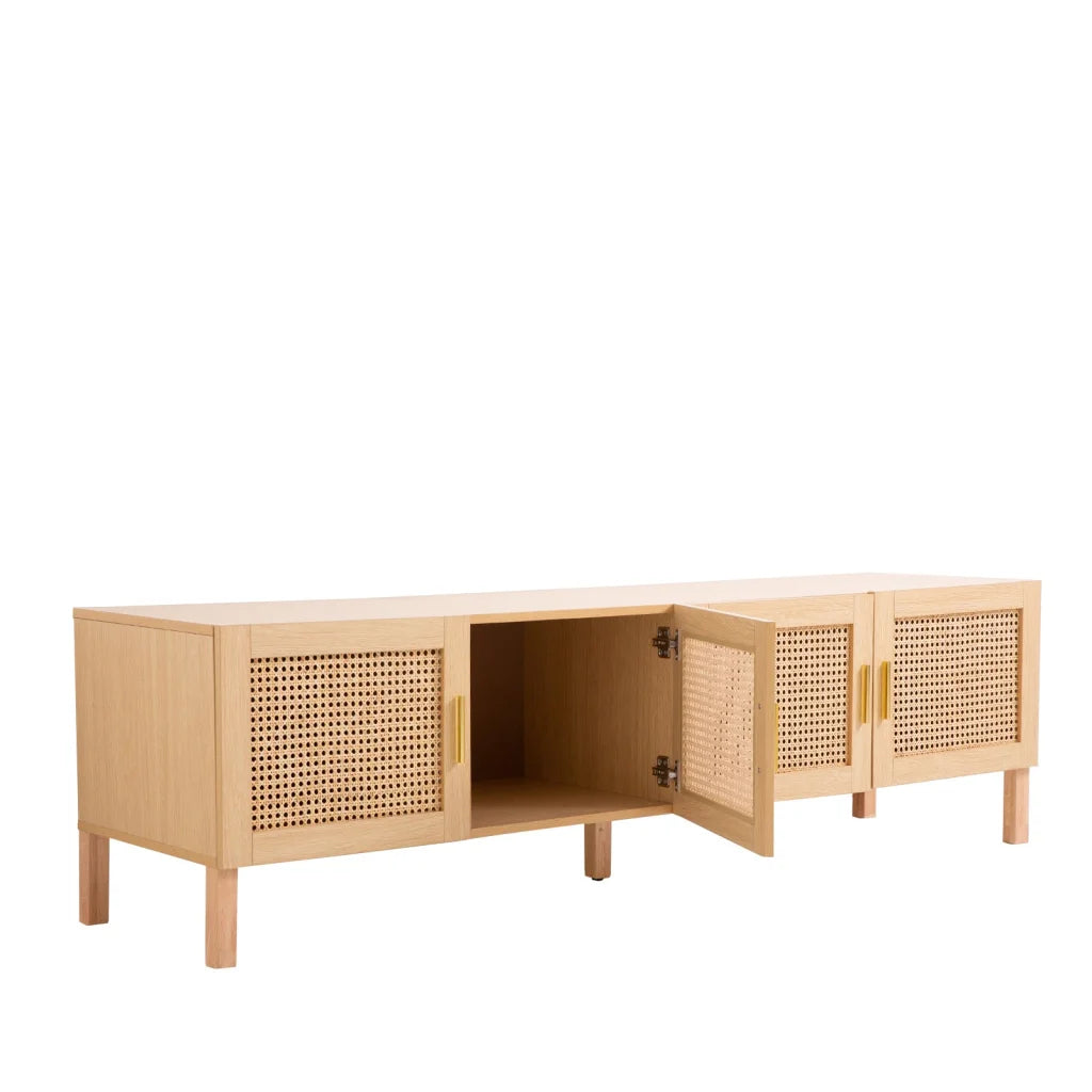 Rattan storage cabinet with handles and internal shelves
