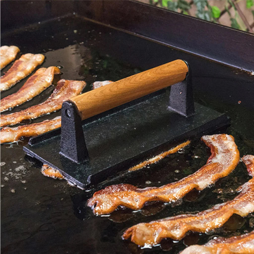 Cast Iron Bacon Press Set Premium 2X Meat Steak Grill BBQ Weight with Wood Handle