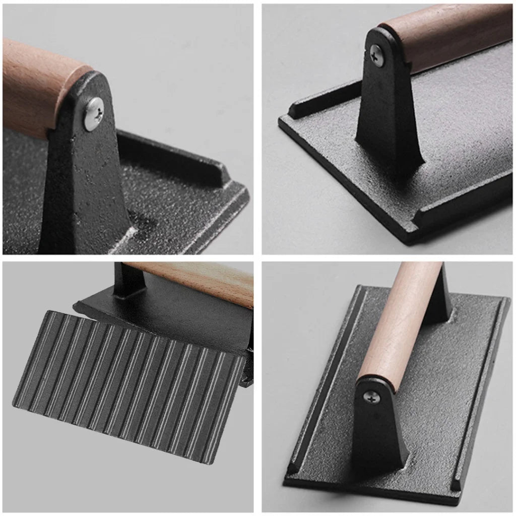 Cast Iron Bacon Press Set Premium 2X Meat Steak Grill BBQ Weight with Wood Handle