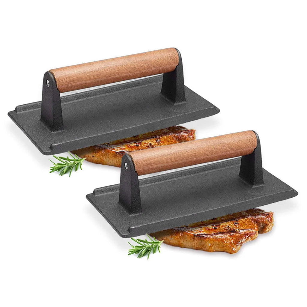Cast Iron Bacon Press Set Premium 2X Meat Steak Grill BBQ Weight with Wood Handle