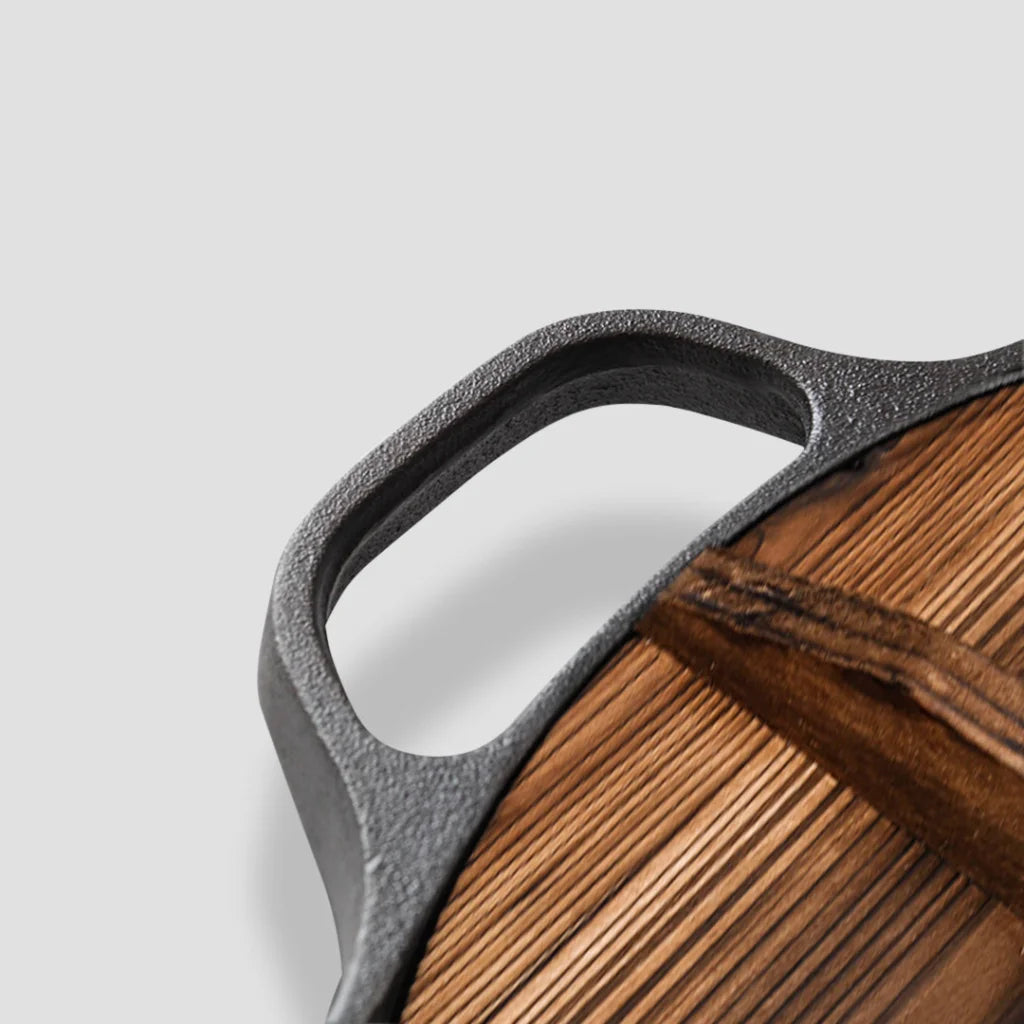 Cast Iron Deep Baking Pizza Pan Premium 31cm Round Pre-Seasoned Skillet with Wooden Lid