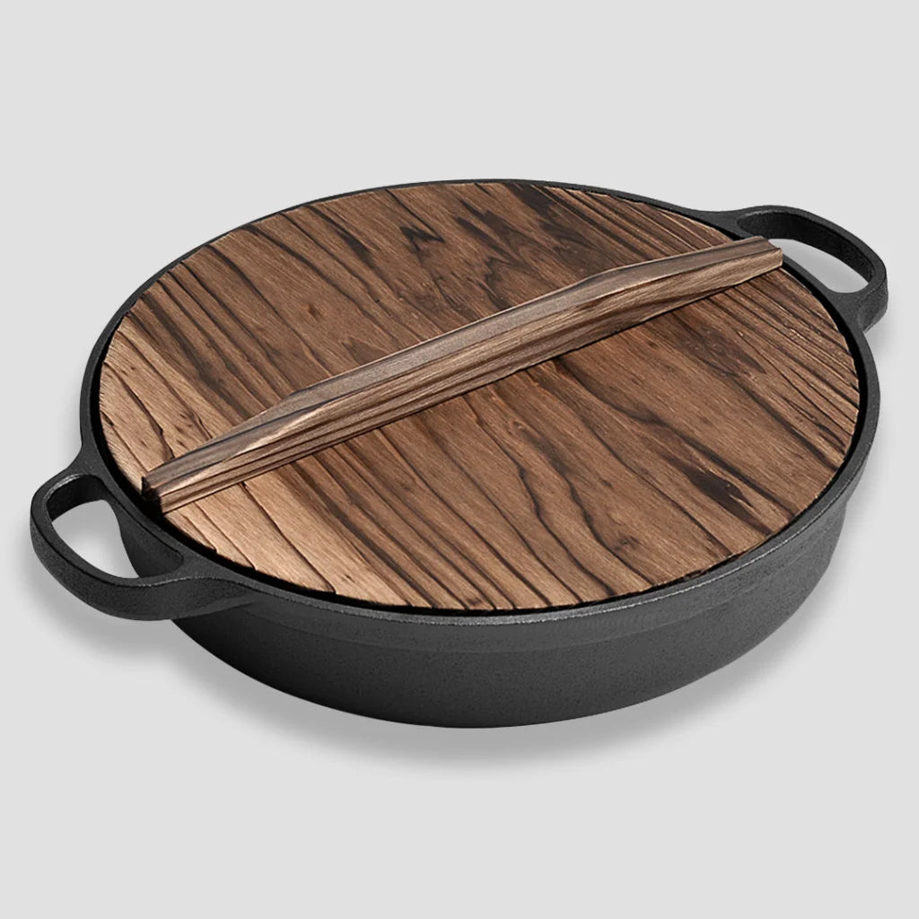 Cast Iron Deep Baking Pizza Pan Premium 35cm Round Pre-Seasoned Skillet with Wooden Lid