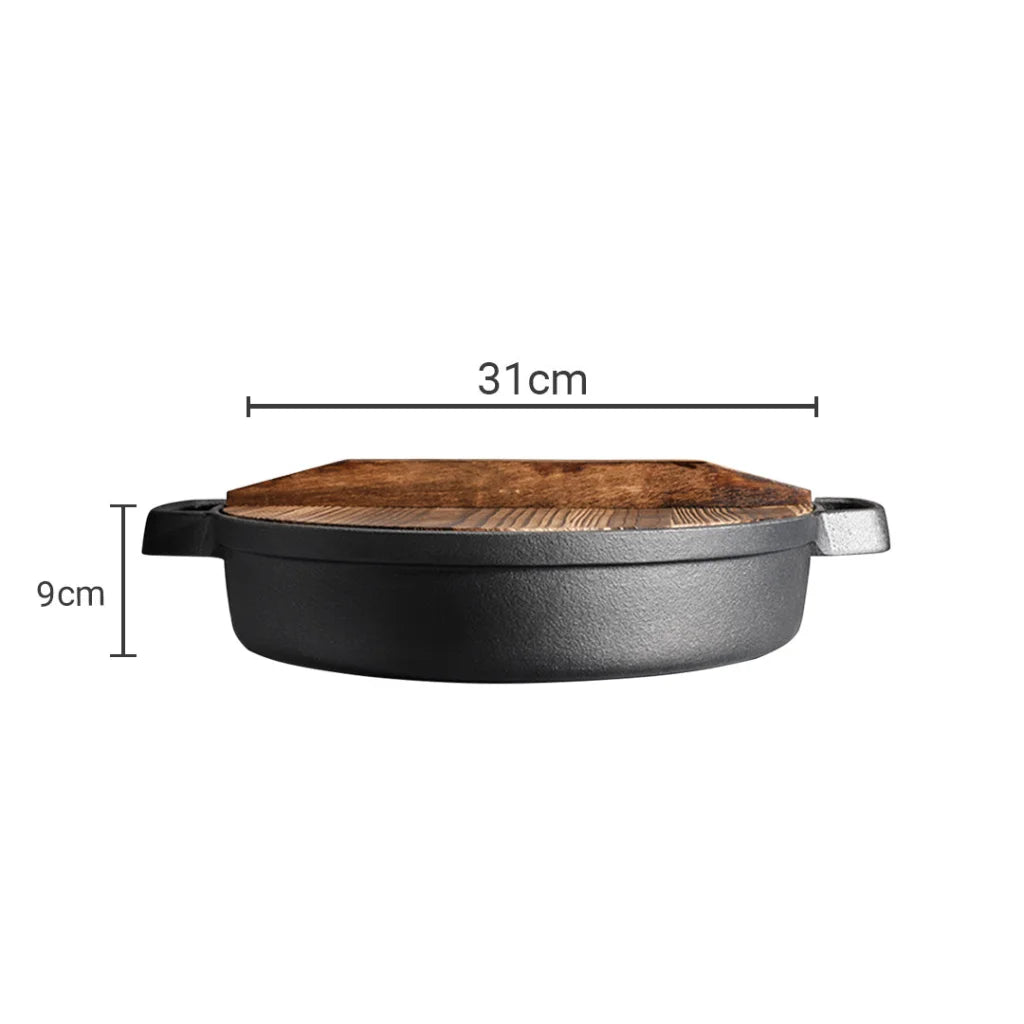 Cast Iron Deep Baking Pizza Pan Set Premium 2X 31cm Round Pre-Seasoned Skillet with Wooden Lid