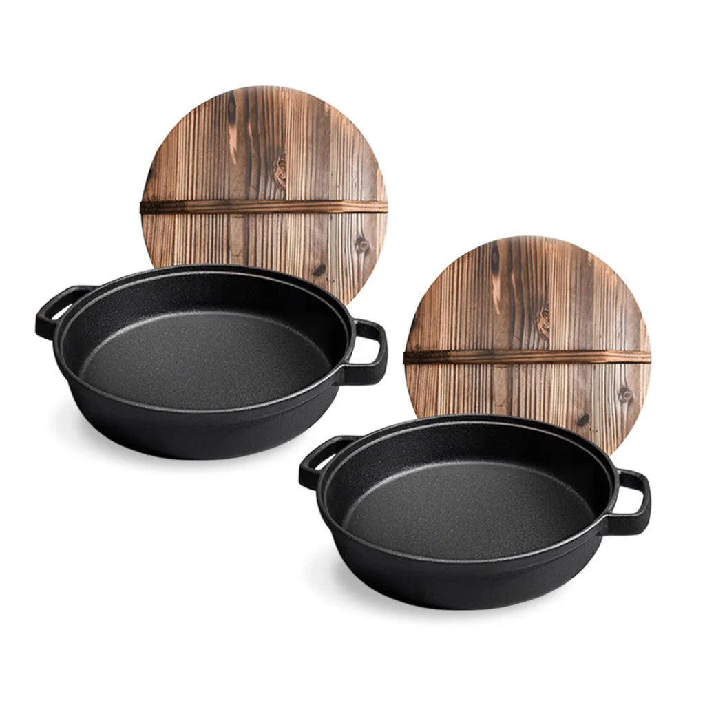 Cast Iron Deep Baking Pizza Pan Set Premium 2X 35cm Round Pre-Seasoned Skillet with Wooden Lid