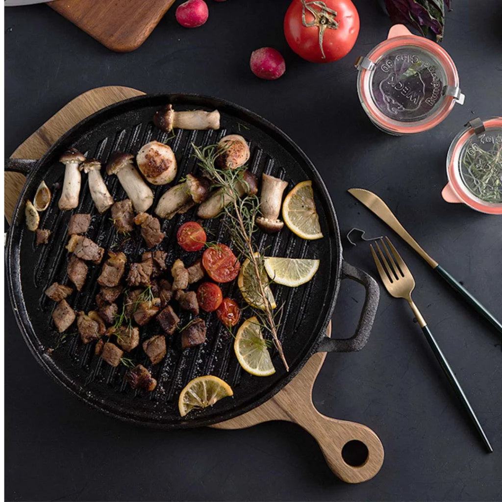 Cast Iron Fry Pan Premium 30cm Ribbed Steak Sizzle Skillet Coating Platter