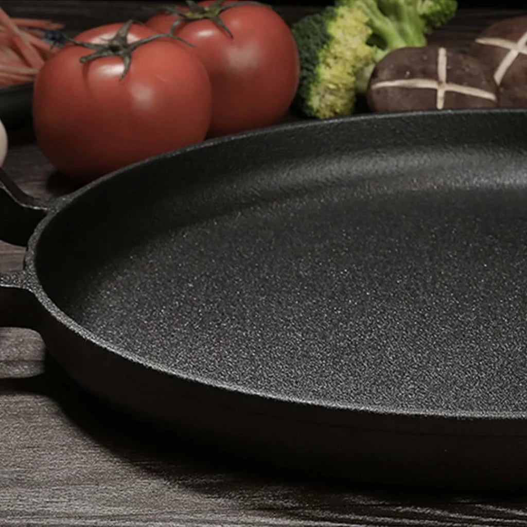 Cast Iron Fry Pan Premium 31cm Steak Sizzle Fry Skillet with Wooden Handle (No Lid)