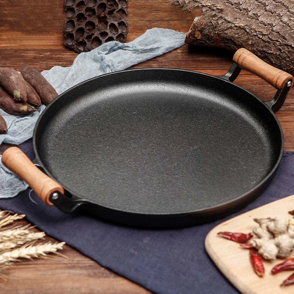 Cast Iron Fry Pan Premium 31cm Steak Sizzle Fry Skillet with Wooden Handle (No Lid)
