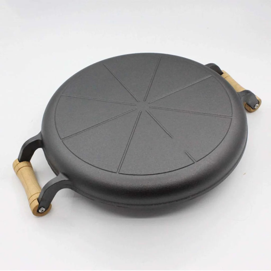 Cast Iron Fry Pan Premium 35cm Steak Sizzle Fry Skillet with Wooden Handle (No Lid)
