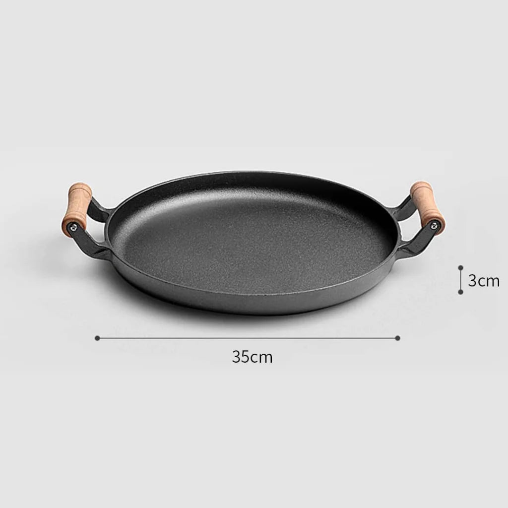 Cast Iron Fry Pan Premium 35cm Steak Sizzle Fry Skillet with Wooden Handle (No Lid)