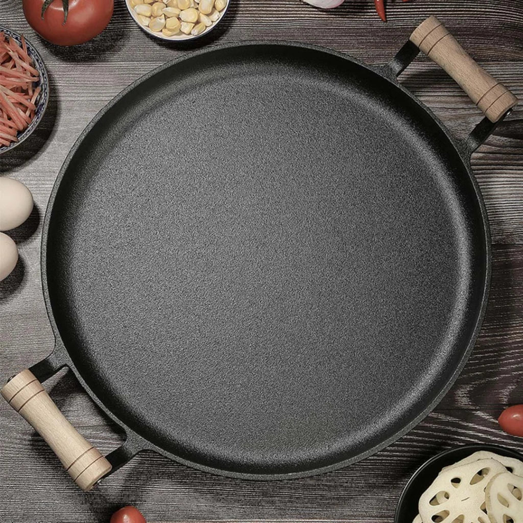 Cast Iron Fry Pan Premium 35cm Steak Sizzle Fry Skillet with Wooden Handle (No Lid)